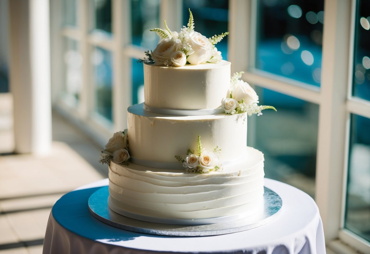 A pristine white buttercream wedding cake sits on a cool, shaded table, surrounded by delicate flowers and shimmering in the soft light of a sunny day