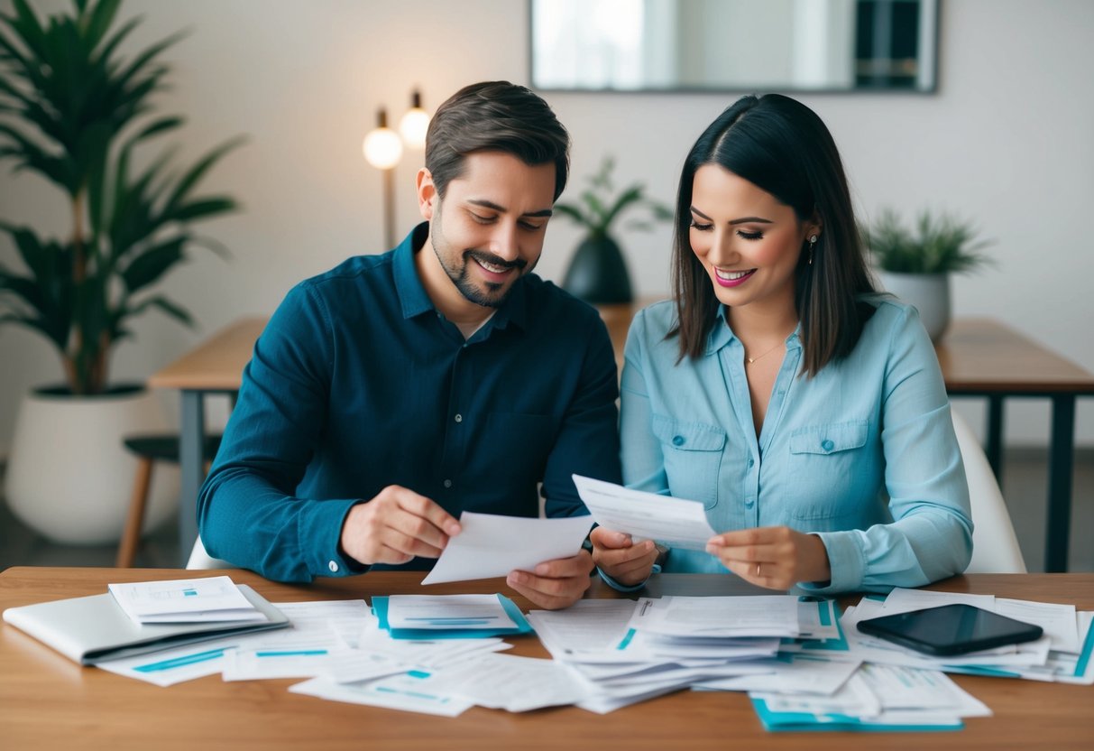 A couple sits at a table, sorting through bills and receipts together, their shared financial documents spread out in front of them