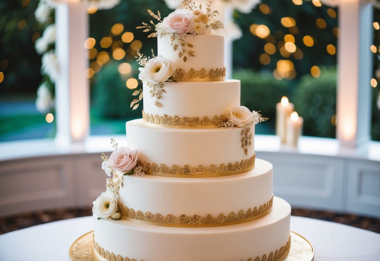 A multi-tiered wedding cake adorned with intricate floral designs and delicate gold details
