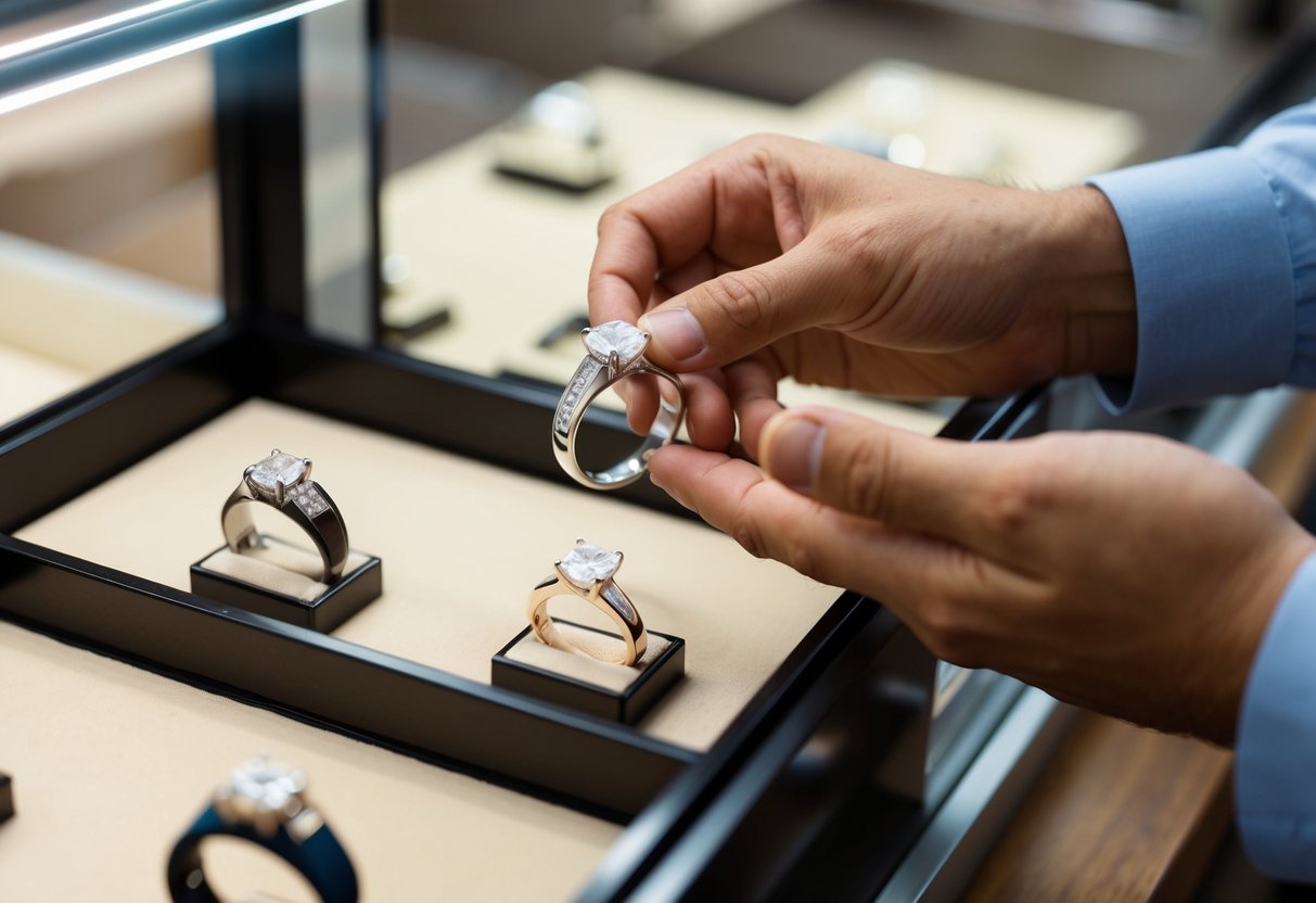 A man's wedding ring being selected from a display case by a customer at a jewelry store
