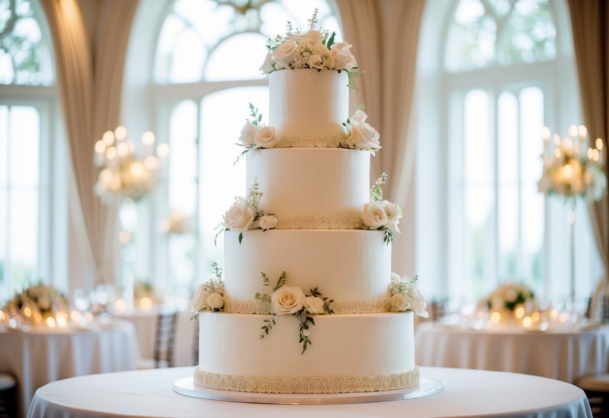 A grand, multi-tiered wedding cake adorned with delicate floral decorations and intricate detailing