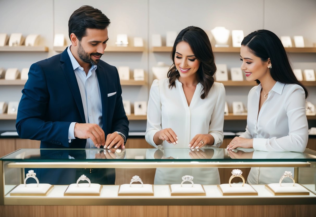 A man and a woman standing at a jewelry store counter, discussing and examining various wedding ring options displayed in glass cases