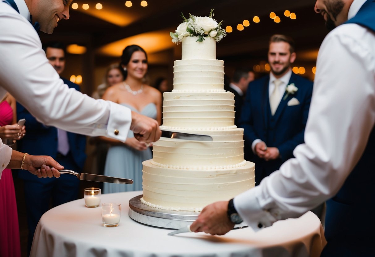 A tiered wedding cake being sliced and served to guests at a reception