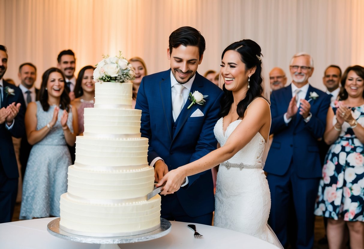 A newlywed couple cutting a multi-tiered wedding cake surrounded by joyful guests