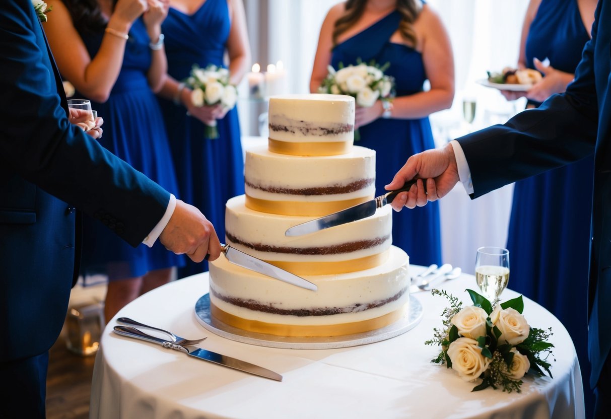 A tiered wedding cake being cut and served to guests at a reception
