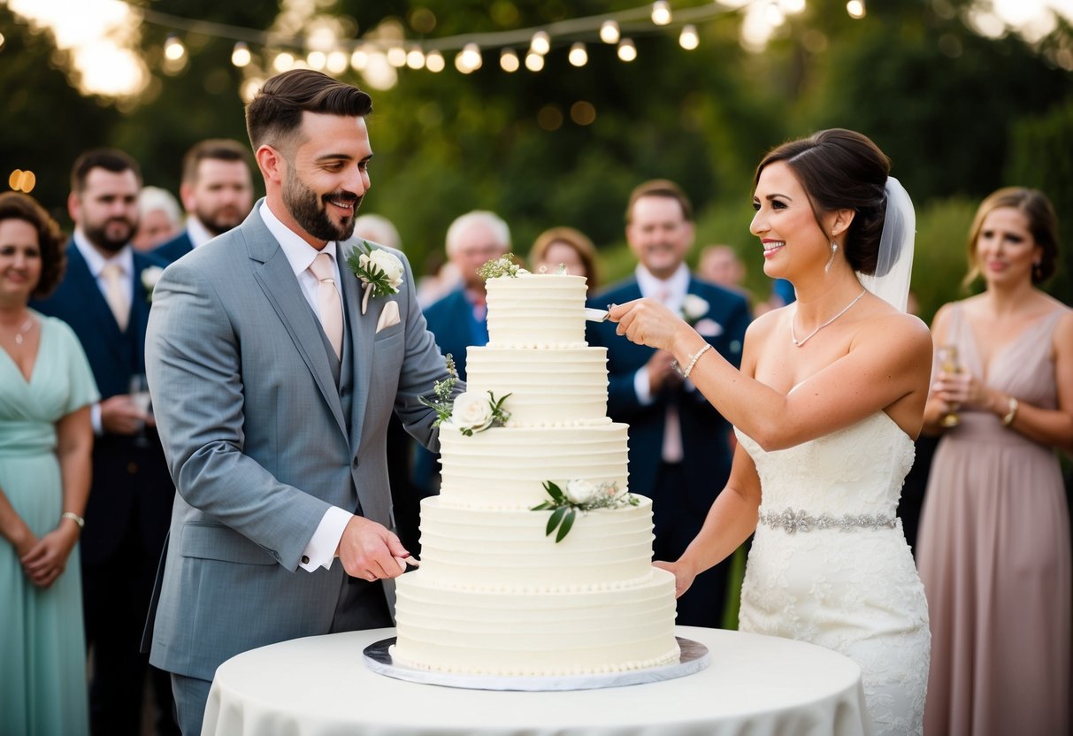 A bride and groom cut a tiered wedding cake with a symbolic gesture, while guests eagerly await their slice
