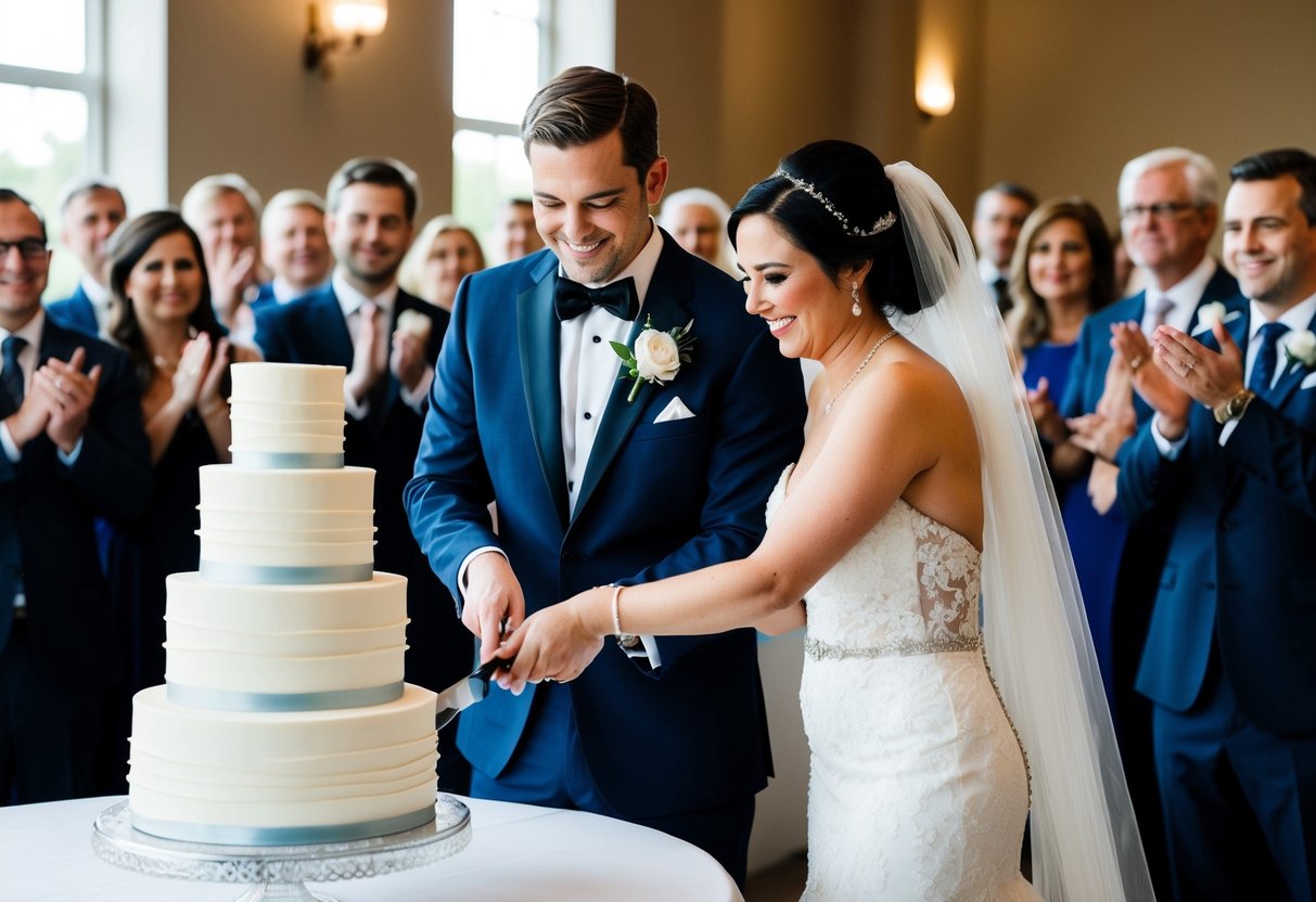 A bride and groom cutting a tiered wedding cake with guests watching and applauding