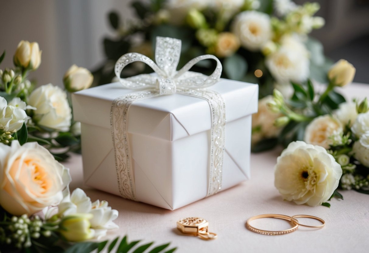 A beautifully wrapped gift box surrounded by elegant wedding decor and flowers
