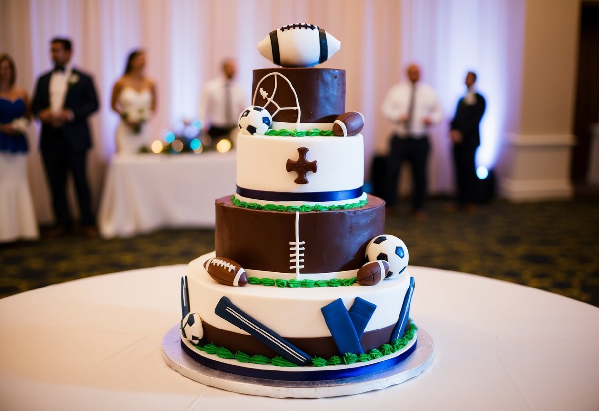 A tiered chocolate cake adorned with sports equipment and themed decorations sits on a table at a wedding reception