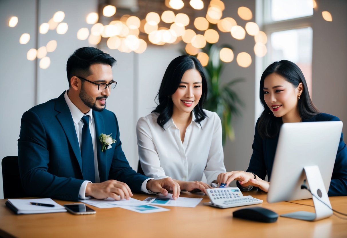 A couple sitting at a table with a financial advisor, discussing loan options for a wedding. The advisor is showing them different loan amounts on a computer screen