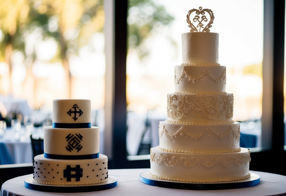 A tiered wedding cake with intricate designs sits next to a smaller, simpler cake adorned with masculine symbols and colors