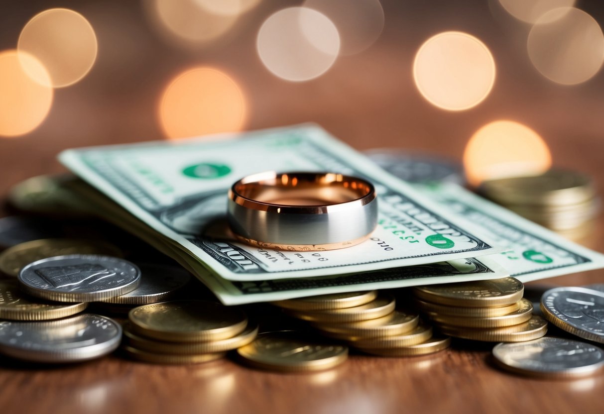 A wedding ring placed on top of a pile of cash and coins