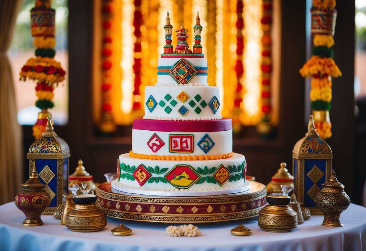 A tiered groom's cake adorned with cultural symbols and colors, surrounded by traditional decorations and artifacts