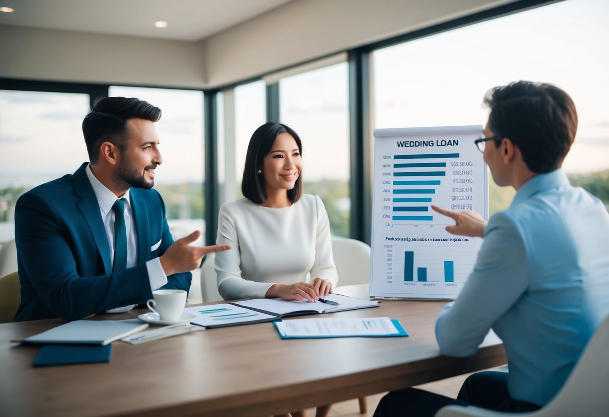 A couple sits at a table with a financial advisor, discussing wedding loan options. The advisor gestures towards a chart showing different loan amounts and interest rates