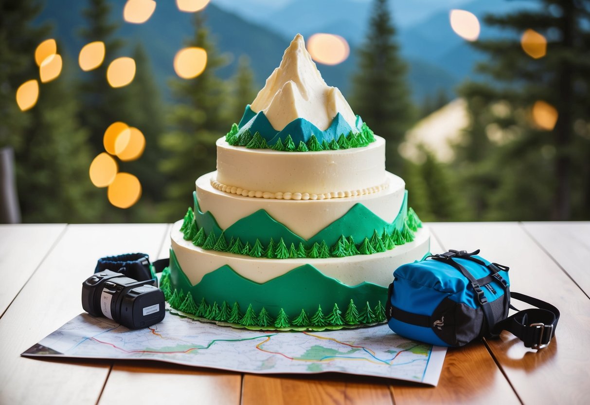 A tiered cake shaped like a mountain with hiking gear and a trail map spread out at the base