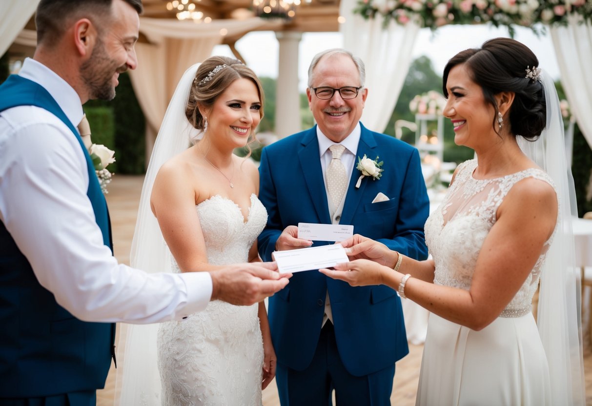 A bride's parents handing over a check to the couple with a wedding venue and decorations in the background