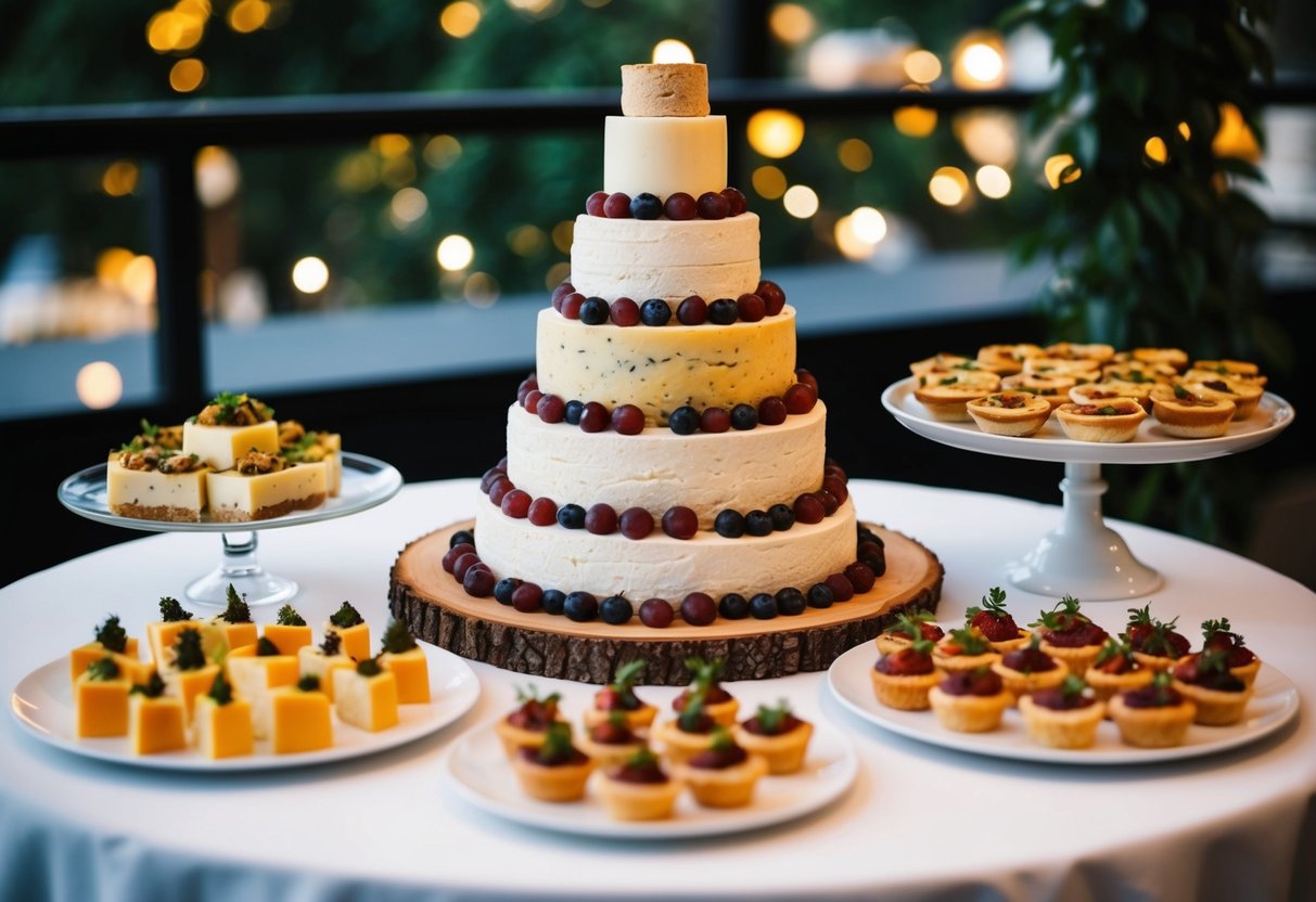 A table set with various savory alternatives to a traditional groom's cake, such as a tower of gourmet cheeses, a platter of charcuterie, and a display of mini savory tarts