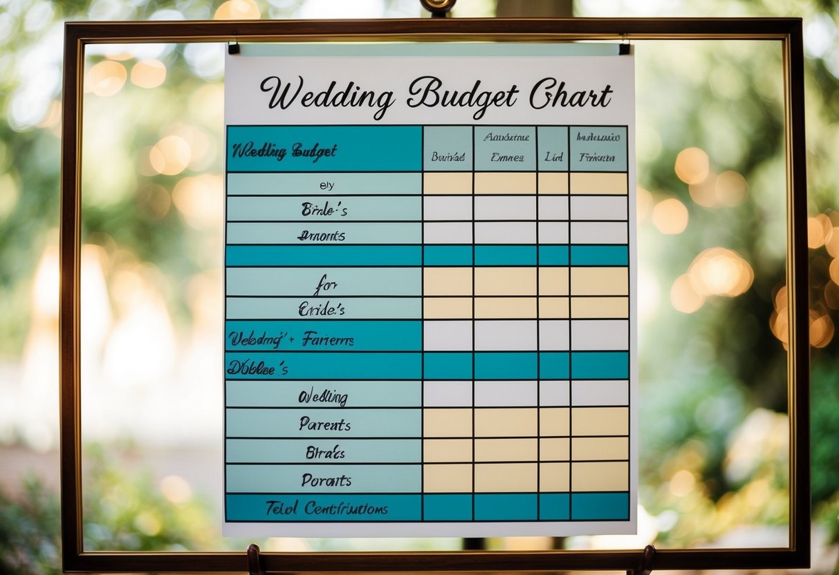 A traditional wedding budget chart with sections for bride's parents' contributions