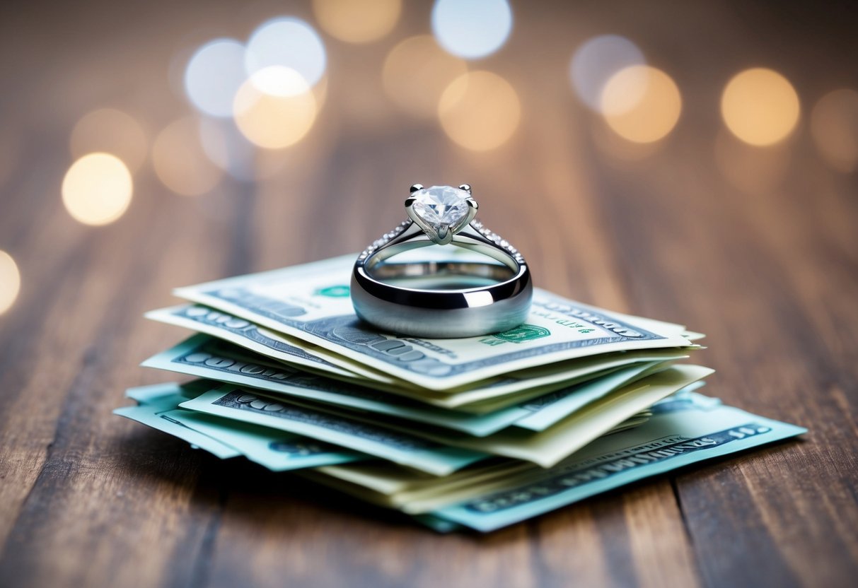 A luxurious wedding ring sits on a pile of unpaid bills, symbolizing the financial challenges of marrying for money