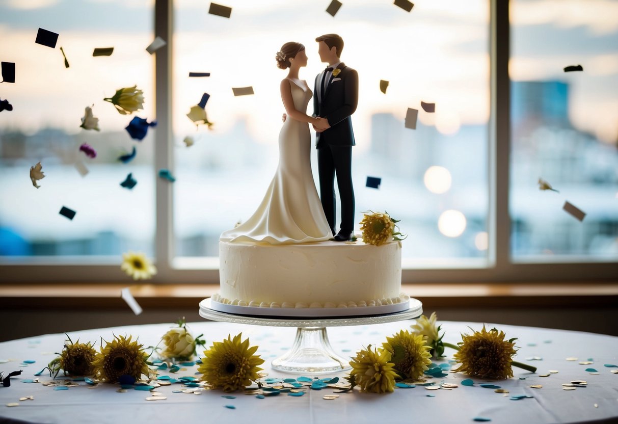 A couple's wedding cake topper sits untouched on a table, surrounded by wilted flowers and scattered confetti