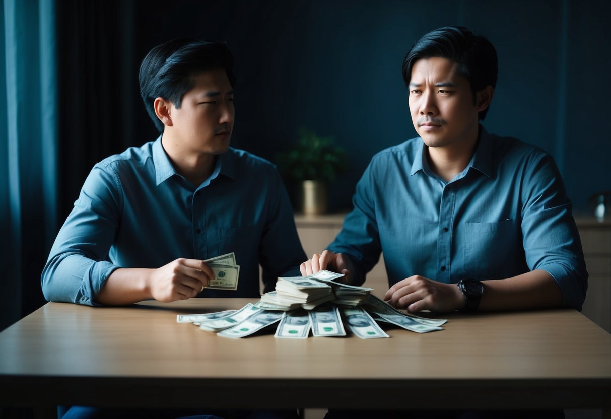 A couple sits at a table, one with a pile of money and the other with a conflicted expression. The room is dimly lit, casting shadows on their faces