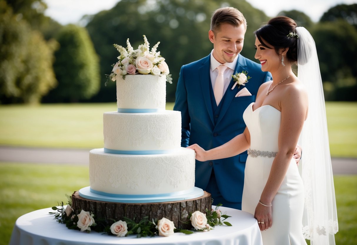 A bride and groom stand beside a tiered wedding cake, with the top tier wrapped in delicate lace and adorned with flowers