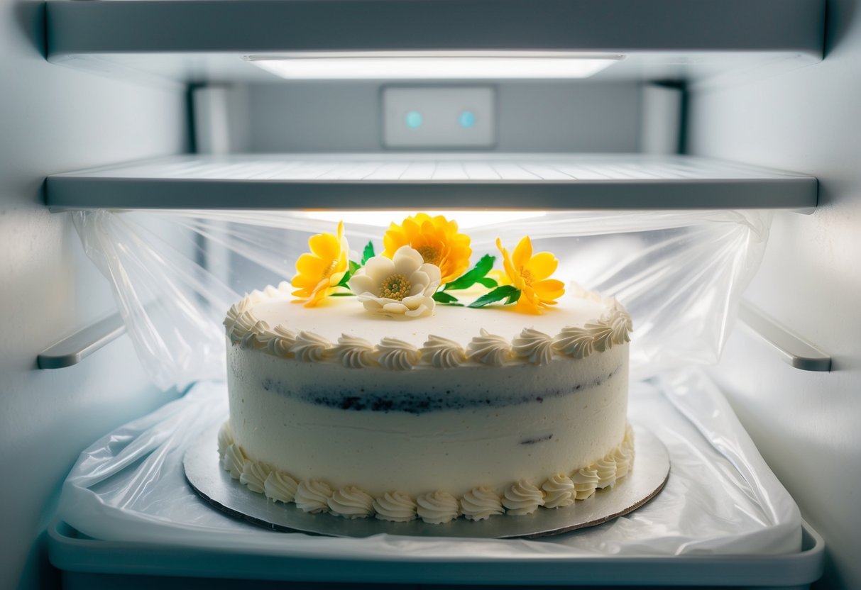 A wedding cake stored in a freezer, wrapped in plastic and adorned with delicate icing flowers