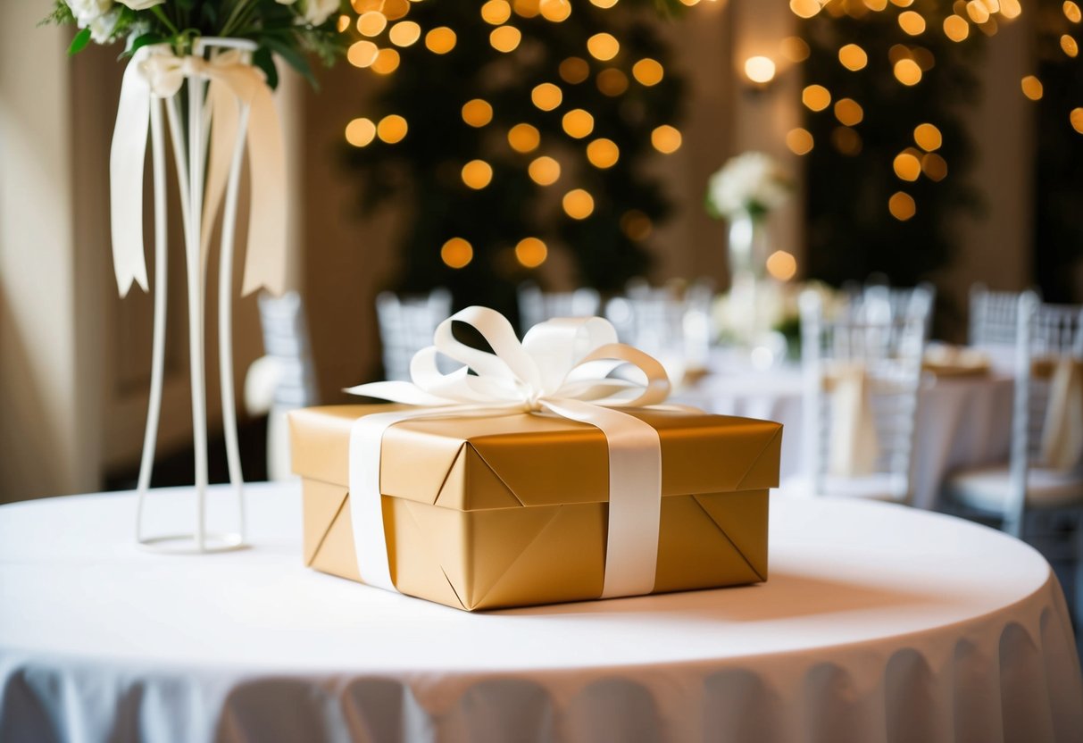A beautifully wrapped gift box on a table with elegant wedding decor in the background