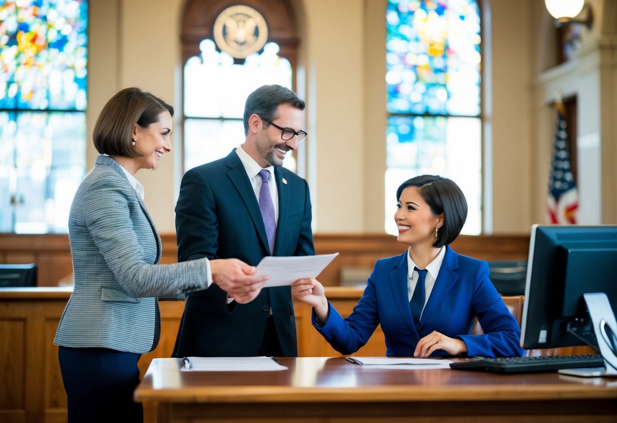 A couple standing at a town hall desk, exchanging documents with a clerk. The clerk sits behind a computer, processing paperwork