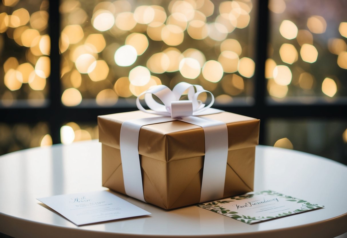 A beautifully wrapped gift box on a table with a wedding invitation and a card
