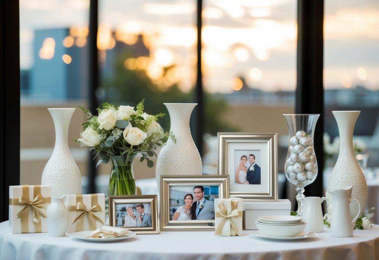 A table with various wedding gift options displayed, including vases, photo frames, and kitchenware
