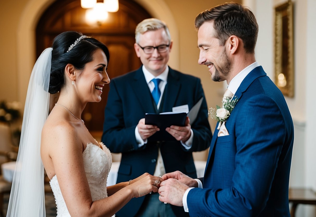 A couple exchanging rings in front of a registrar at a UK wedding venue