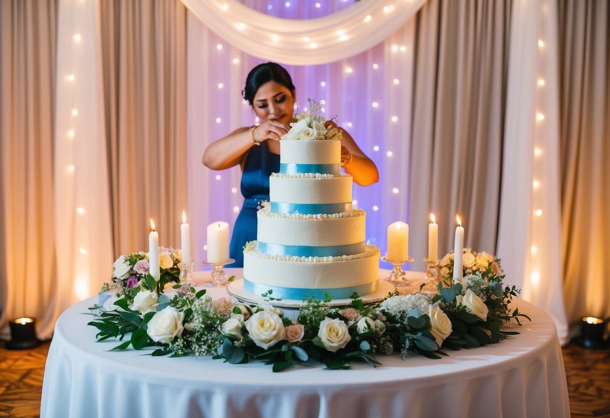 A wedding cake being carefully arranged on a decorative table, surrounded by flowers and candles, with a backdrop of elegant drapery and twinkling lights