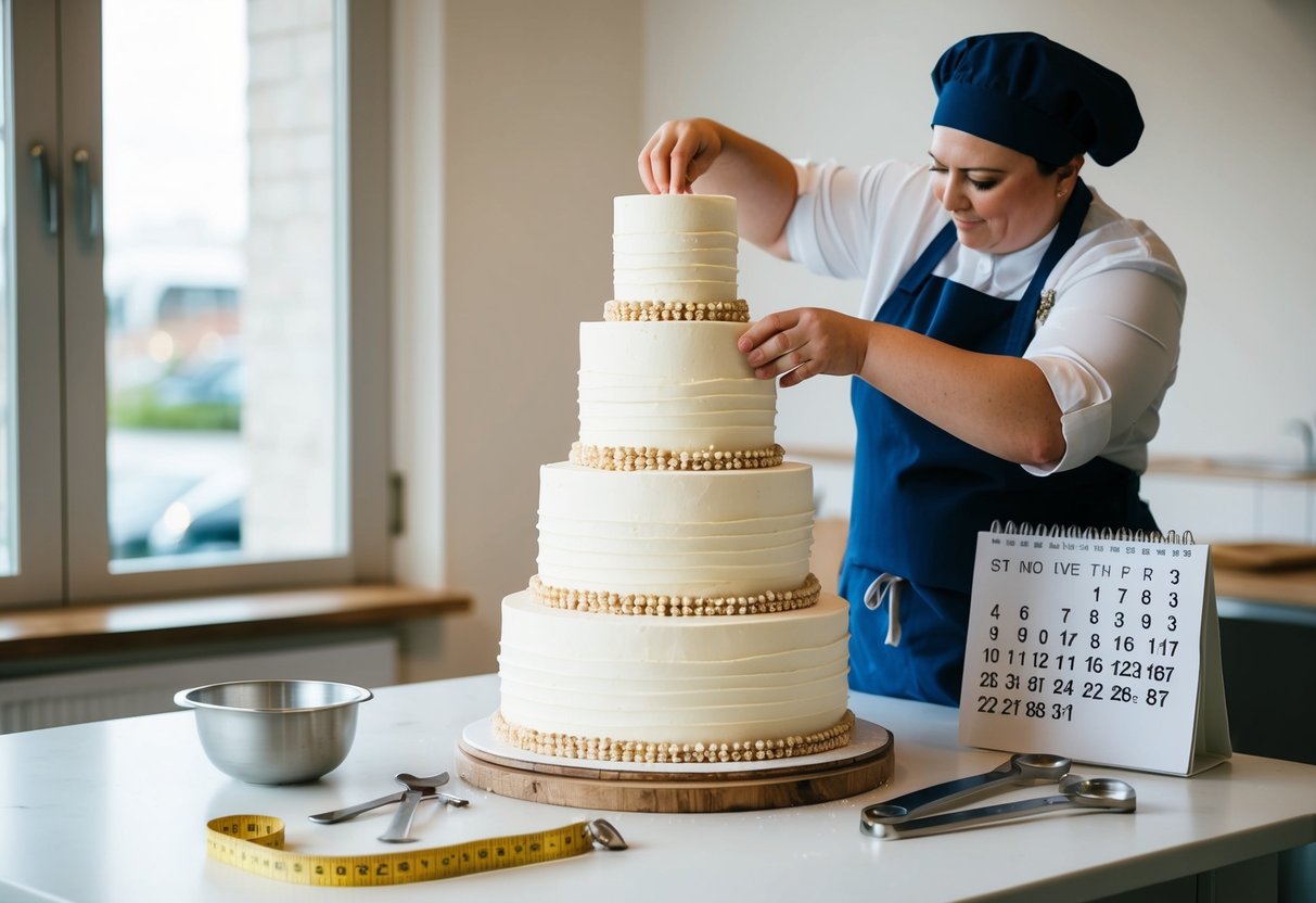 A baker carefully arranging tiers of a wedding cake on a table, surrounded by measuring tools and a calendar showing the wedding date