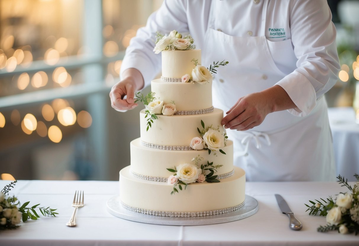 A baker carefully arranges delicate flowers and intricate details on a multi-tiered wedding cake, ensuring every last detail is perfect