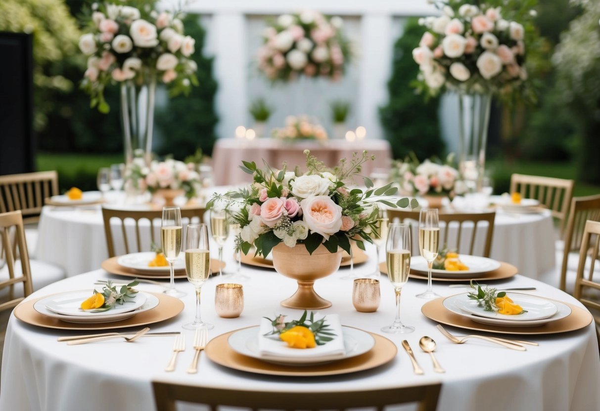 A table set with elegant brunch dishes, surrounded by floral centerpieces and champagne glasses, with a backdrop of a serene garden or elegant reception hall