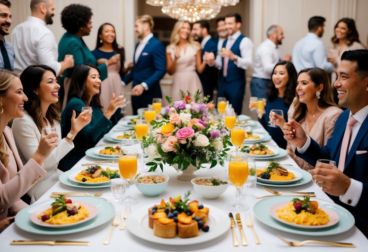 A table set with elegant place settings, fresh flowers, and a variety of delicious brunch dishes, surrounded by joyful guests mingling and celebrating