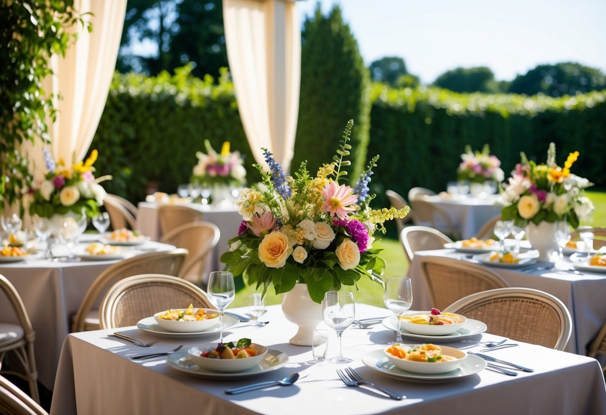 A sunny outdoor garden with elegant tables adorned with floral centerpieces and a mix of breakfast and lunch dishes being served