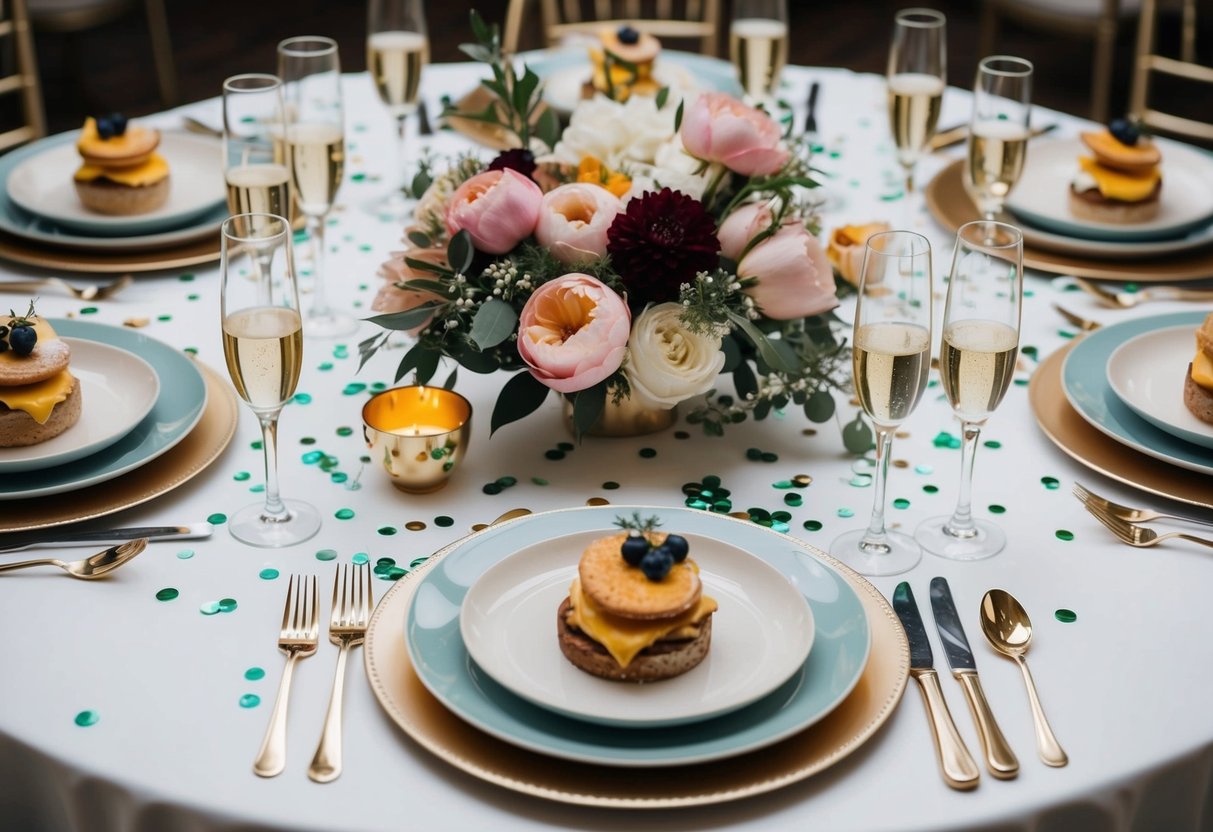 A table set with elegant brunch dishes and floral centerpieces, surrounded by empty champagne glasses and scattered confetti