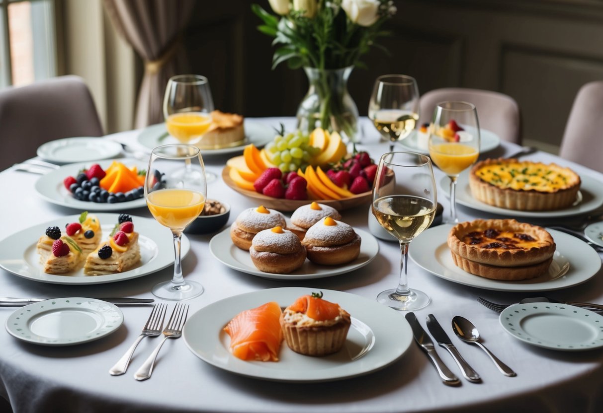 A table adorned with a variety of elegant brunch dishes, including pastries, fruit, and savory options like quiche and smoked salmon