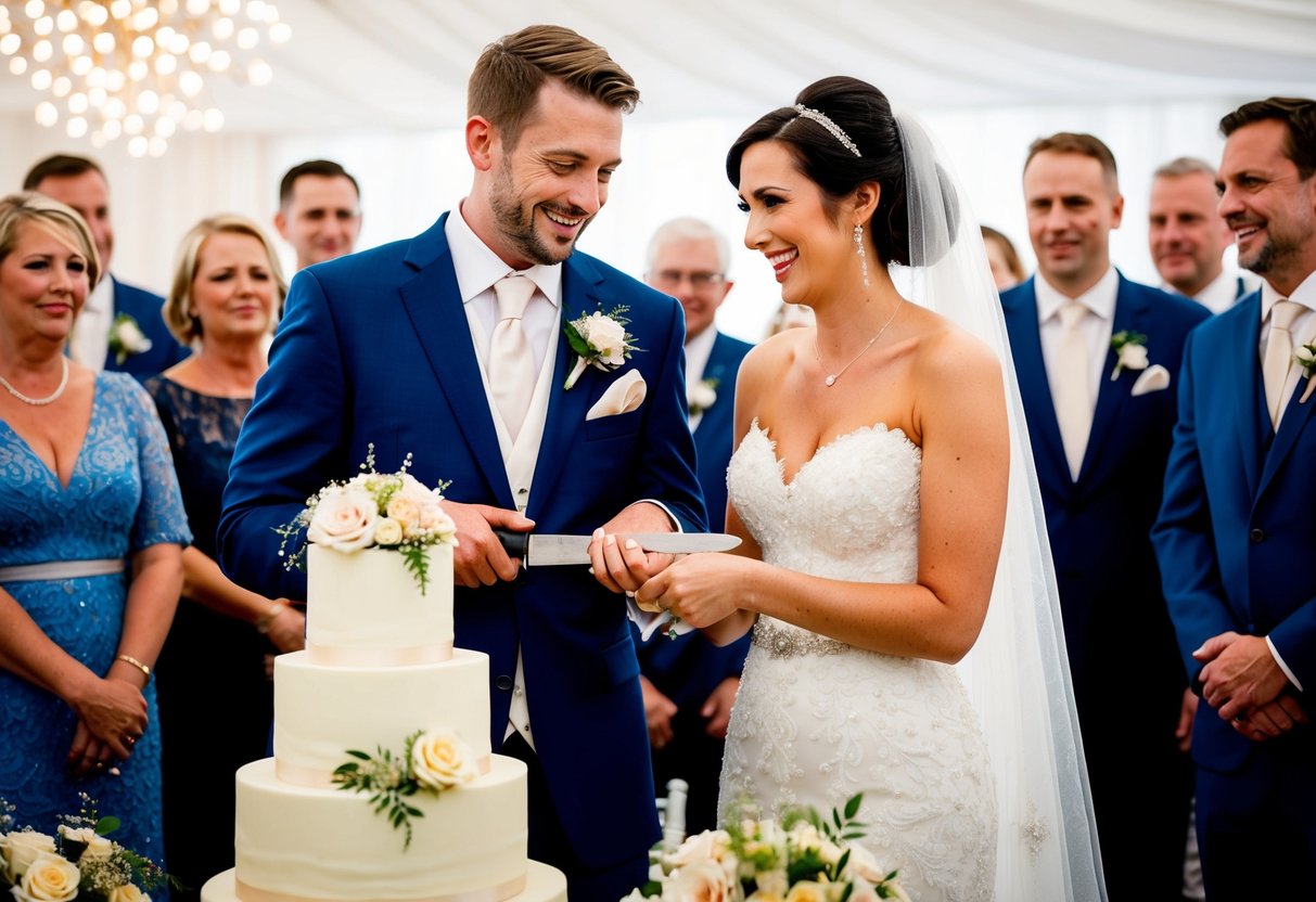 A bride and groom stand side by side, holding a knife together to cut into a beautiful tiered wedding cake. The guests gather around, eagerly anticipating the sweet tradition