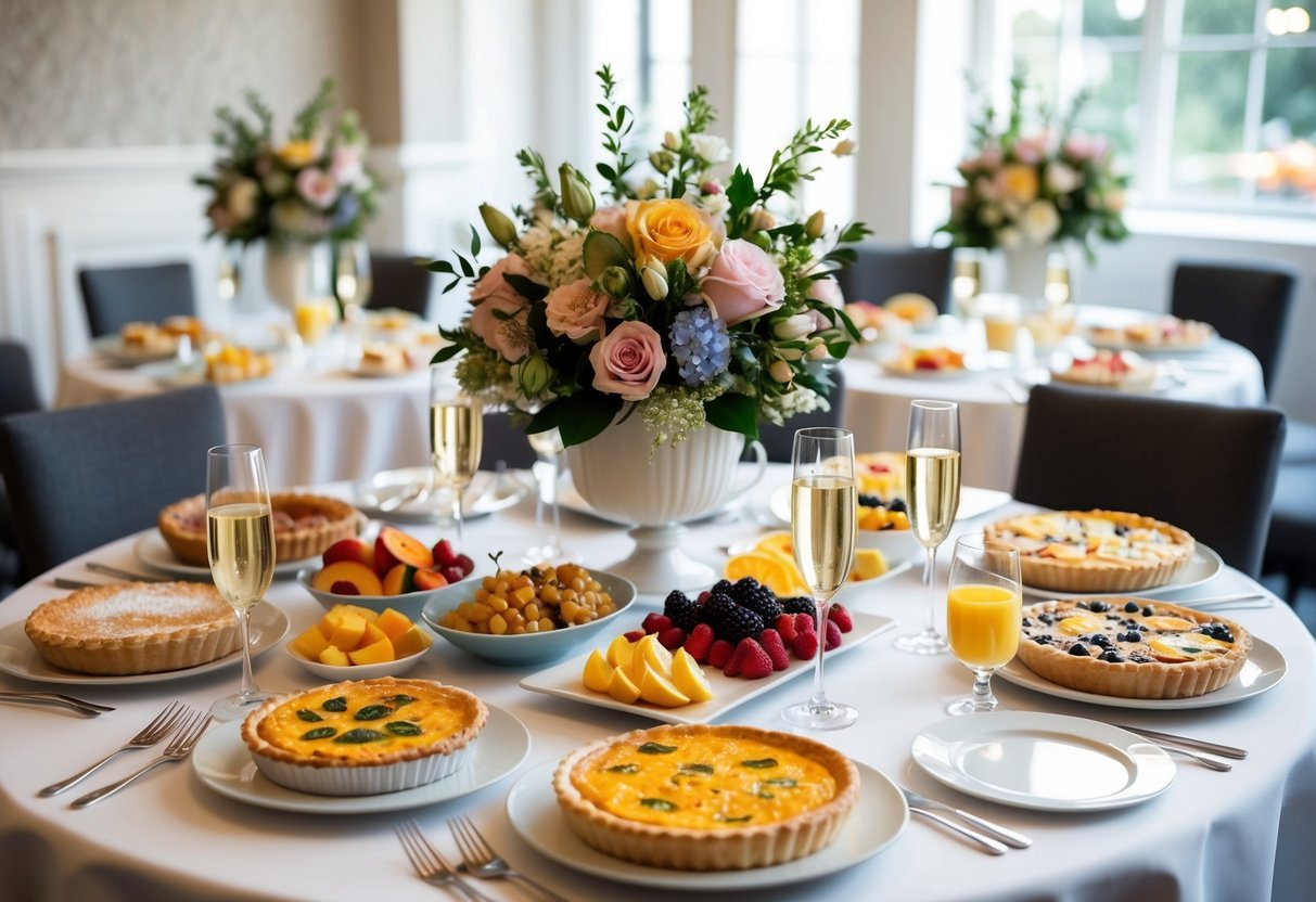 A table set with a variety of brunch foods, including pastries, fruits, and quiches, surrounded by elegant floral centerpieces and champagne glasses