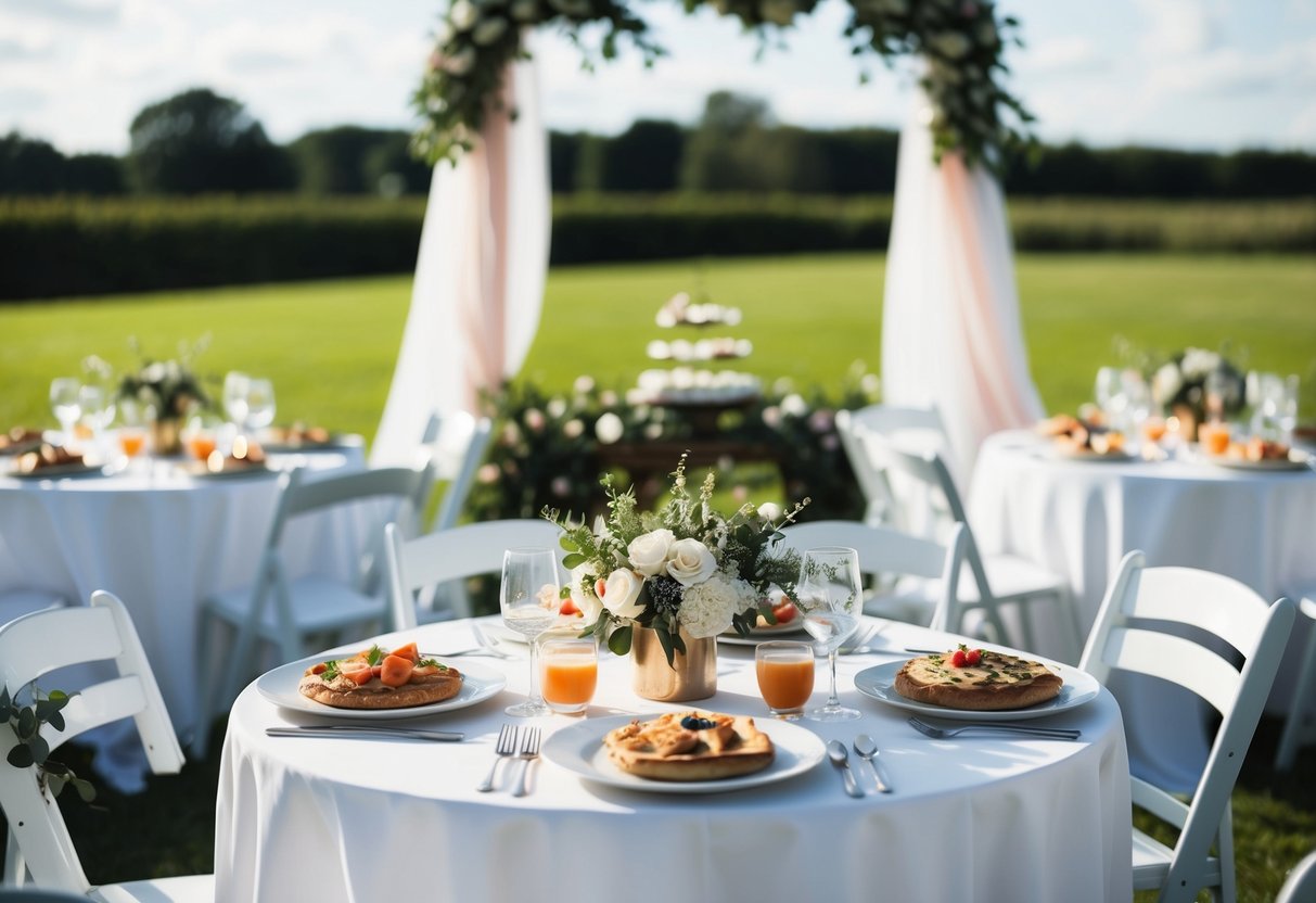 A table set with brunch food, empty chair, and wedding decorations
