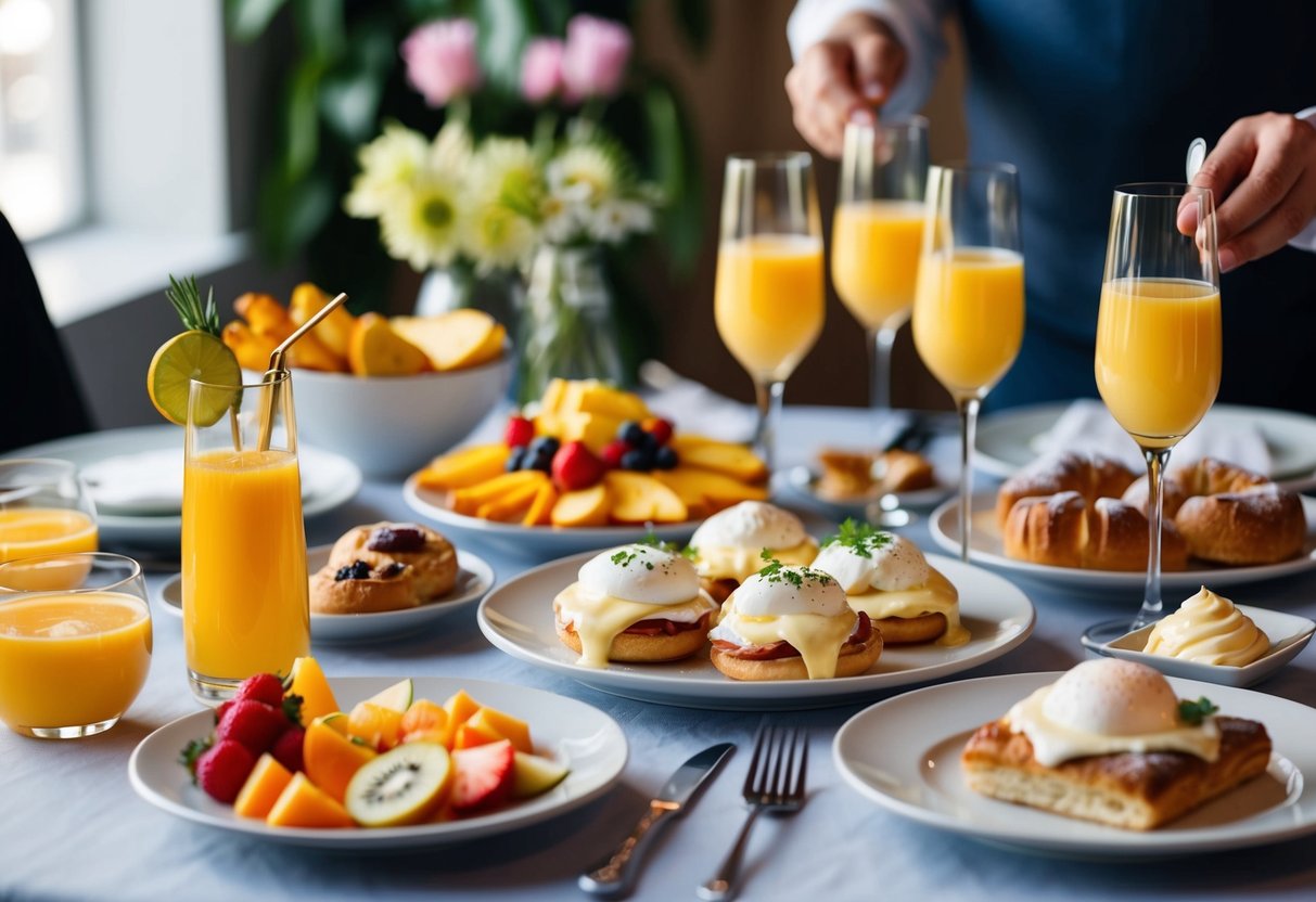 A table adorned with an array of delectable brunch dishes, including fresh fruit, pastries, eggs Benedict, and mimosas