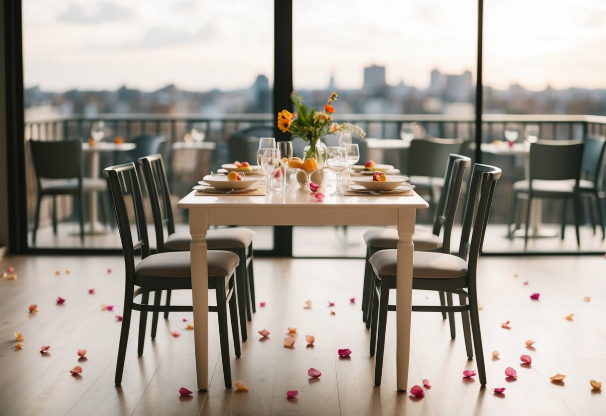 A table set for brunch with empty chairs and scattered flower petals