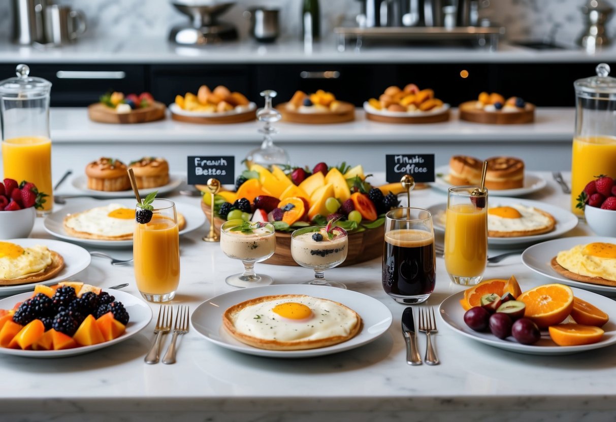 A spread of elegant brunch foods and beverages at interactive stations and bars, including fresh fruit, pastries, omelets, mimosas, and gourmet coffee