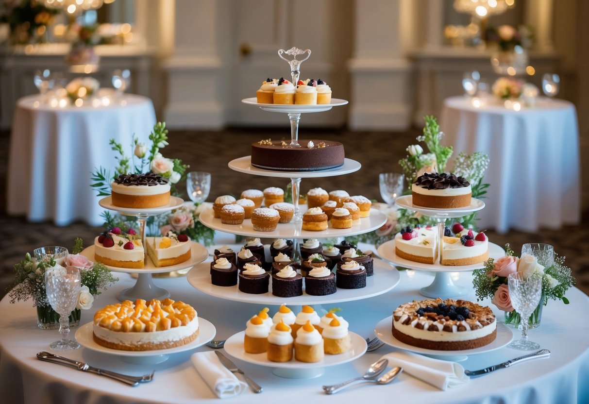 A lavish spread of assorted pastries, cakes, and desserts displayed on elegant tiered stands, surrounded by delicate floral arrangements and sparkling glassware