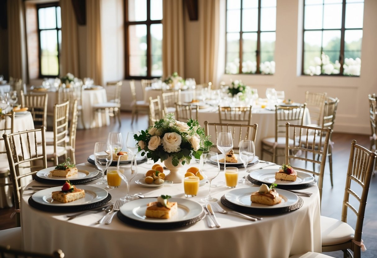 A table set with elegant brunch dishes, surrounded by empty chairs, as the sunlight streams through the windows of a beautiful wedding venue