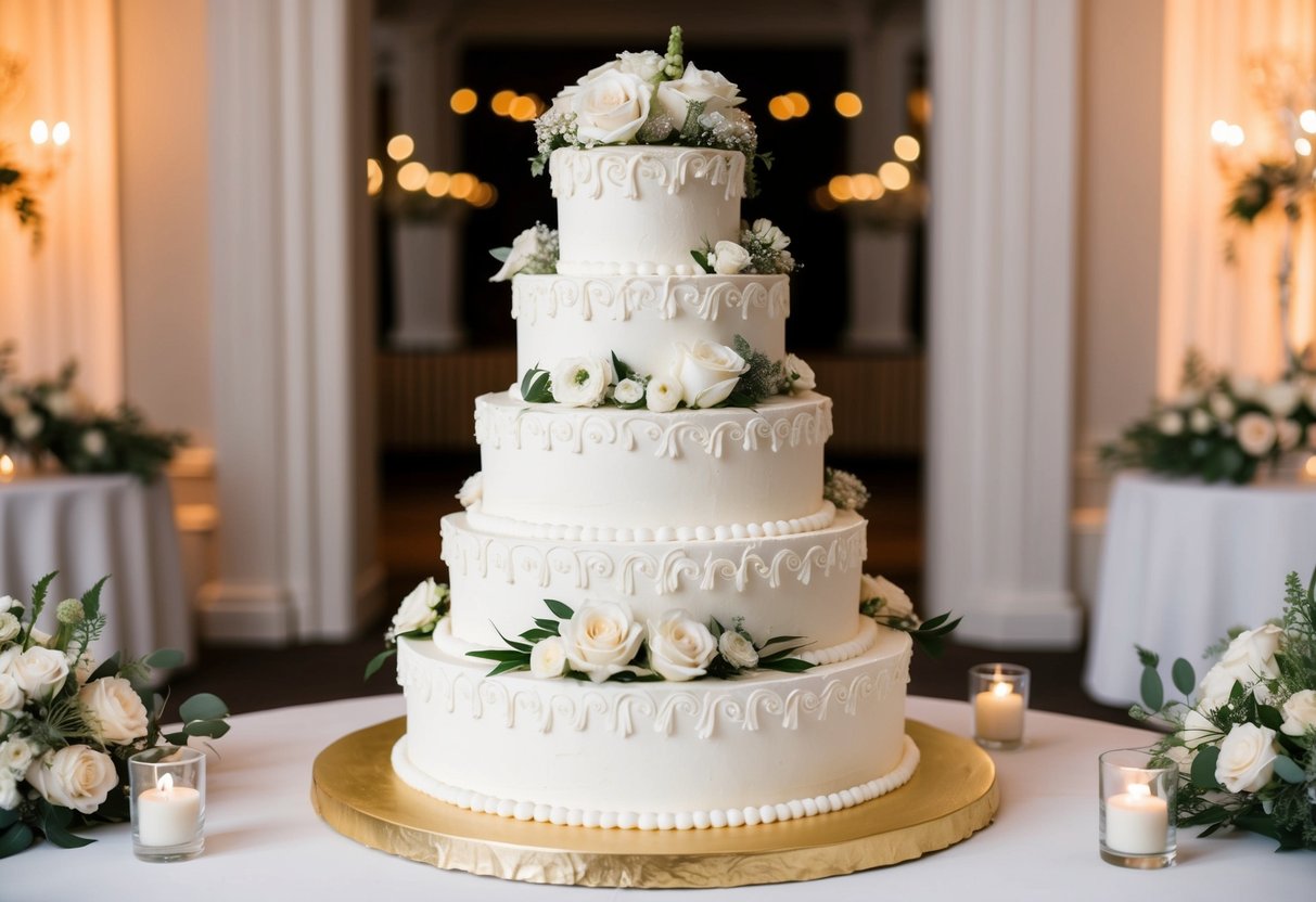 A tiered white wedding cake adorned with flowers and intricate piping, surrounded by elegant decor and soft lighting
