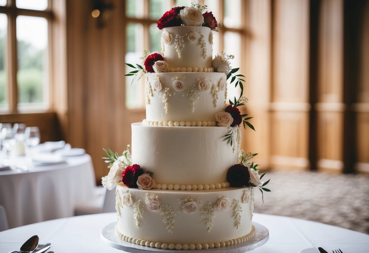 A three-tiered wedding cake adorned with intricate floral designs and delicate piping, featuring flavors like vanilla, chocolate, and raspberry